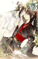 Rule 34 | 2boys, bishounen, black eyes, black hair, black hanfu, brown hair, chinese clothes, closed mouth, couple, dappled sunlight, day, eye contact, face-to-face, falling leaves, hair tie, hand on another&#039;s chest, hand on another&#039;s shoulder, hand up, hanfu, headband, high ponytail, highres, jujeop, korean commentary, lan wangji, leaf, light particles, long hair, long sleeves, looking at another, male focus, modao zushi, multiple boys, outdoors, plant, ponytail, profile, red sash, robe, sash, sidelocks, sitting, sleeves past wrists, smile, sunlight, topknot, tree, water drop, wei wuxian, white hanfu, white headband, wide sleeves, xiao guan (headdress), yaoi, yellow eyes
