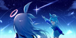 2girls absurdres arona_(blue_archive) blue_archive blue_hair falling_star hair_over_one_eye halo highres multiple_girls night night_sky outdoors plana_(blue_archive) pointing sky star_(sky) starry_sky syuerito_99