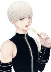 1boy 9s_(nier:automata) arm_up bare_shoulders black_shirt blue_eyes commentary detached_sleeves food hanahizuki606 highres holding holding_food holding_ice_cream ice_cream looking_to_the_side male_focus nier nier:automata nier_(series) shirt short_hair sideways_glance simple_background sleeveless sleeveless_shirt solo symbol-only_commentary teeth tongue upper_body upper_teeth_only white_background white_hair
