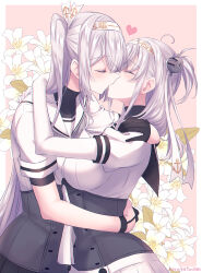 2girls black_gloves black_sailor_collar black_skirt blush bodysuit breasts closed_eyes commentary_request dated flower from_side fuyutsuki_(kancolle) gloves grey_hair grey_neckerchief hachimaki hair_between_eyes headband heart highres hug kabocha_torute kantai_collection kiss large_breasts multiple_girls neckerchief one_side_up partially_fingerless_gloves profile sailor_collar school_uniform serafuku short_sleeves simple_background skirt suzutsuki_(kancolle) twitter_username white_bodysuit white_flower white_sailor_collar white_skirt yuri