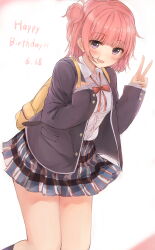 1girl backpack bag black_jacket blazer blush collared_shirt dated fleur_(fleur26192188) hair_bun happy_birthday highres jacket long_sleeves looking_at_viewer miniskirt neck_ribbon open_mouth pink_hair plaid_clothes plaid_skirt pleated_skirt purple_eyes red_ribbon ribbon shirt short_hair single_hair_bun single_side_bun skirt smile solo standing thighs v white_shirt winter_uniform yahari_ore_no_seishun_lovecome_wa_machigatteiru. yuigahama_yui