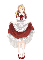 Rule 34 | 1girl, absurdres, apron, blonde hair, bow, dress, dxt, frills, hair ornament, highres, holding, long hair, maid, maid headdress, puffy short sleeves, puffy sleeves, red dress, ribbon, short sleeves, skirt hold, smile, solo, touhou, touhou (pc-98), yellow eyes, yumeko (touhou)