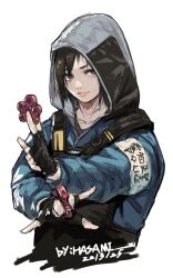 1girl absurdres armband artist_name black_gloves black_hair blue_jacket bulletproof_vest closed_mouth commentary cropped_torso dated fingerless_gloves gloves grey_eyes hibana_(rainbow_six_siege) highres holding hood hood_up hooded_jacket hua_ha_jiazi jacket light_smile lips long_sleeves rainbow_six_siege short_hair solo symbol-only_commentary white_background