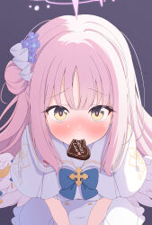 1girl angel_wings azel_(laevateinn495) blue_archive blue_bow blue_bowtie blue_flower blunt_bangs blush bow bowtie bright_pupils candy capelet chocolate chocolate_heart closed_mouth commentary_request cowboy_shot dress embarrassed english_text flower food food_in_mouth frilled_dress frills from_above furrowed_brow grey_background hair_bun hair_flower hair_ornament halo heart heart-shaped_food highres long_hair looking_at_viewer low_wings mika_(blue_archive) nose_blush pink_hair pink_halo pov sailor_collar school_uniform serafuku sidelighting sidelocks simple_background single_side_bun solo straight-on upturned_eyes valentine white_capelet white_dress white_sailor_collar white_wings wings yellow_eyes