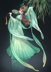 1girl absurdres banbi brown_eyes brown_hair chinese_clothes floating_hair green_hanfu green_shawl hand_fan hanfu highres leaf long_hair long_sleeves looking_at_viewer looking_back mole mole_under_eye moth_print original personification qixiong_ruqun reflection tarantulaines tuanshan wavy_hair wide_sleeves