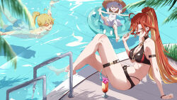 Rule 34 | 1boy, 2girls, absurdres, aether (genshin impact), aether (hot springs) (genshin impact), ahoge, akitsugu akiyama, alternate costume, alternate hairstyle, barefoot, bikini, black bikini, blonde hair, breasts, cleavage, commentary request, cup, day, dress swimsuit, drinking straw, earrings, full body, genshin impact, goggles, grin, hair between eyes, hair ornament, highres, holding, holding removed eyewear, innertube, jewelry, knee up, large breasts, long hair, looking at viewer, male swimwear, mavuika (genshin impact), multicolored hair, multiple girls, nail polish, official alternate costume, open mouth, orange eyes, outdoors, paimon (genshin impact), paimon (hot springs) (genshin impact), ponytail, pool, poolside, red hair, red nails, sitting, smile, soaking feet, sun earrings, sunglasses, swim ring, swim trunks, swimming, swimsuit, thigh strap, topless male, two-tone hair, unworn eyewear, very long hair, water, white hair, white male swimwear