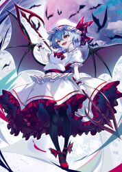 1girl ascot bat_(animal) bat_wings black_pantyhose blue_hair breasts collared_shirt commentary fang frilled_shirt_collar frills full_body hat hat_ribbon highres holding holding_polearm holding_weapon looking_at_viewer mob_cap open_mouth pantyhose polearm puffy_short_sleeves puffy_sleeves red_ascot red_ribbon red_shoes remilia_scarlet ribbon shirt shoes short_hair short_sleeves skin_fang skirt small_breasts solo spear_the_gungnir touhou weapon white_hat white_shirt white_skirt wings wrist_cuffs yamanakaume