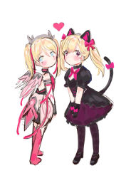 2girls aged_down alternate_costume alternate_hairstyle animal_ears bad_id bad_pixiv_id bare_shoulders black_cat black_cat_d.va black_dress black_gloves blonde_hair blue_eyes blush bow cat cat_ears cat_tail d.va_(overwatch) dress gloves hair_ribbon heart highres looking_at_viewer mechanical_wings meowlian mercy_(overwatch) multiple_girls nose overwatch overwatch_1 pantyhose pink_bow pink_dress pink_legwear pink_mercy pink_ribbon pink_skirt puffy_short_sleeves puffy_sleeves ribbon short_sleeves skirt tail tail_bow tail_ornament thighhighs time_paradox twintails white_background wings