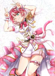 1girl colored_inner_hair double_v highres idol_clothes idolmaster idolmaster_va-liv kekewan multicolored_hair red_hair short_hair streamers tomori_manaka two-tone_hair v virtual_youtuber