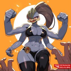 1girl abs arms_up artist_name backlighting bare_shoulders bikini black_bikini black_thighhighs breasts brown_hair cleavage clenched_hands collarbone colored_skin cowboy_shot disembodied_hand drunkoak english_text extra_arms fang female_focus flexing gen_1_pokemon glowing glowing_eyes grey_skin half-closed_eye high_ponytail highres korean_text large_breasts leg_up long_hair machamp mature_female multi-strapped_bikini_bottom muscular muscular_female navel nintendo open_mouth orange_background pokemon pokemon_(creature) ponytail pov solo_focus standing stomach sweat swimsuit thick_thighs thighhighs thighs tongue translation_request uneven_eyes watermark wide_hips