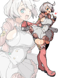 1girl black_gloves blue_eyes boots breasts dress elphelt_valentine fingerless_gloves full_body gloves grey_hair guilty_gear guilty_gear_strive gun heart highres holding holding_gun holding_weapon itsuka_neru jacket large_breasts missing_commentary one_eye_closed open_clothes open_jacket open_mouth pink_boots pink_jacket rifle short_hair sideboob solo_focus thigh_boots tongue weapon white_dress zoom_layer