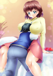 1boy 1girl age_difference ash_ketchum bed between_breasts black_hair blue_eyes blush breasts brown_hair head_between_breasts hug janet_(pokemon) jewelry kogawawaki large_breasts nintendo pendant poke_ball pokemon pokemon_(anime) pokemon_ag013 pokemon_rse_(anime) sweater turtleneck turtleneck_sweater