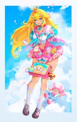 1-up_mushroom 1girl :d ?_block alternate_costume bag banana_peel blonde_hair blue_eyes blue_sky brown_footwear character_doll cheep_cheep cloud cloudy_sky commentary_request crown crown_(symbol) day doll egg food fruit full_body green_shell_(mario) hair_between_eyes highres holding holding_wand loafers long_hair looking_at_viewer luma_(mario) mario mario_(series) midriff mushroommirror navel nintendo off_shoulder open_mouth peach pink_sailor_collar pink_shoes pink_skirt princess_peach rabbit_symbol sailor_collar school_bag school_uniform serafuku shoes skirt sky smile super_bell super_leaf super_mushroom super_star_(mario) toad_(animal) wand yoshi_egg