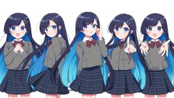 1girl :d :o arm_behind_back binchou_maguro blue_eyes blue_hair blue_skirt bow bowtie buttons cevio closed_mouth colored_inner_hair commentary_request cowboy_shot double-breasted futaba_minato grey_jacket hand_up highres index_finger_raised jacket long_hair long_sleeves looking_at_viewer multicolored_hair multiple_views open_mouth outstretched_arm outstretched_arms own_hands_together plaid_clothes plaid_skirt red_bow red_bowtie school_uniform skirt smile striped_bow striped_bowtie striped_clothes very_long_hair wing_collar