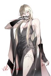 1boy artist_name bare_shoulders black_dress black_gloves blonde_hair blood bloody_weapon crossdressing dress fingerless_gloves gloves hair_between_eyes hakata_tonkotsu_ramens highres holding holding_knife holding_weapon knife long_hair looking_at_viewer male_focus red_nails signature simple_background sleeveless solo tattoo trap weapon white_background xianming_lin yinzinmiemie