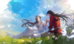 2boys arm_support bad_tag bandaged_wrist bandages black_hair blue_sky border bouquet bracelet brown_hair bug butterfly chinese_clothes cliff closed_eyes closed_mouth clothes_lift cloud cloudy_sky commentary_request couple crossed_legs curtained_hair dated dutch_angle emuoyot evening facing_viewer fading_border falling_petals field fingernails floating_hair flower flower_bed flower_wreath glowing glowing_butterfly glowing_petals gradient_sky grass hair_bun half-closed_eyes hand_on_own_leg hanfu happy happy_birthday head_down head_tilt head_wreath highres holding_hands horizon hua_cheng insect jewelry knee_up landscape light_smile long_hair long_sidelocks looking_at_another male_focus mountainous_horizon multiple_boys muscular muscular_male nature necklace on_ground open_mouth orange_flower orange_sky outdoors outstretched_hand pants parted_bangs pectoral_cleavage pectorals petals pink_flower profile red_hanfu ring ring_necklace side-by-side side_slit sidelighting sidelocks silver_belt silver_bracelet simple_flower single_hair_bun sitting sky straight_hair string string_around_finger string_of_fate sunlight swept_bangs teeth tianguan_cifu twitter_username upper_teeth_only very_long_hair wavy_hair white_butterfly white_flower white_hanfu white_pants wide_shot wide_sleeves wind wind_lift wispy_bangs xie_lian yaoi yellow_eyes