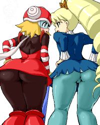 00s 2girls ass bent_over big_hair blush capcom curvy drill_hair from_behind geo_stelar_(mega_man) hand_on_own_hip harp_note_(mega_man) hip_focus huge_ass isu jaggy_lines lowres luna_platz_(mega_man) mega_man_(series) mega_man_star_force_(series) multiple_girls pantyhose plump skin_tight sonia_strumm_(mega_man) thick_thighs thighs when_you_see_it wide_hips