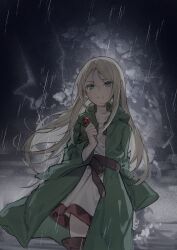 1girl absurdres belt blonde_hair boots brown_belt brown_boots clenched_teeth cloak crying crying_with_eyes_open dress green_cloak green_eyes grimace hair_ornament highres holding holding_hair_ornament hongcai_rainbow hood hood_down ishura kia_the_world_word long_hair long_sleeves open_mouth rain solo sparkle spoilers storm tears teeth thunder white_dress
