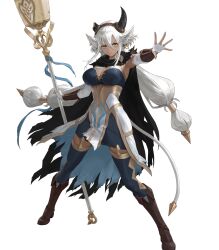 1girl animal_ears black_cape boots breasts broken_horn cape cleavage cow_ears cow_girl cow_horns cow_tail fire_emblem fire_emblem_heroes highres holding holding_staff horns long_hair low_twintails medium_breasts meilai_(fire_emblem) nintendo non-web_source official_art solo staff tail torn_cape torn_clothes twintails very_long_hair