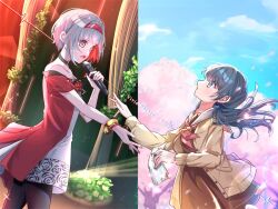 2girls :d bare_shoulders blue_eyes blue_hair blue_ribbon blue_sky brown_cardigan brown_dress cardigan cardiogram cherry_blossoms collarbone commentary_request cowboy_shot dress hair_ribbon hairband hasu_no_sora_school_uniform highres holding indoors link!_like!_love_live! long_hair long_sleeves looking_at_another love_live! low_twintails medium_dress mole mole_on_neck multiple_girls murano_sayaka neckerchief off-shoulder_dress off_shoulder open_cardigan open_clothes open_mouth outdoors outstretched_arm pleated_dress red_dress red_hairband red_neckerchief ribbon sailor_collar sailor_dress sakari_(pear_8_ll) school_uniform short_dress short_sleeves sky smile sparkle split_theme stage twintails two-tone_dress v-shaped_eyebrows virtual_youtuber white_dress white_sailor_collar winter_uniform yugiri_tsuzuri yugiri_tsuzuri_(vivid_phrase)