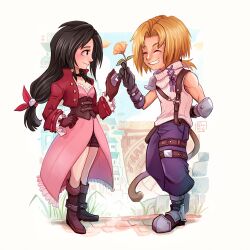 Rule 34 | 1boy, 1girl, absurdres, aerith gainsborough, aerith gainsborough (cosplay), armor, armored boots, baggy pants, black hair, blonde hair, blue pants, blush, boots, breasts, brown corset, brown footwear, brown gloves, brown shorts, center opening, choker, closed eyes, cloud strife, cloud strife (cosplay), cobblestone, corset, cosplay, couple, cropped jacket, dress, elbow pads, final fantasy, final fantasy ix, final fantasy vii, flower, frilled dress, frills, full body, garnet til alexandros xvii, gloves, grey gloves, grin, hair ribbon, hetero, highres, holding, holding flower, jacket, long hair, long sleeves, looking at another, low-tied long hair, low ponytail, medium breasts, monkey tail, pants, parted bangs, pink dress, ponytail, red jacket, red ribbon, ribbon, ribbon choker, shirt, short hair with long locks, shorts, shorts under dress, shoulder armor, shuravf, signature, single bare shoulder, single elbow pad, single shoulder pad, sleeveless, sleeveless turtleneck, smile, suspenders, swept bangs, tail, thigh strap, turtleneck, underbust, white shirt, yellow flower, zidane tribal