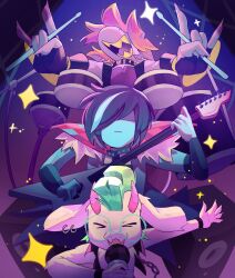1boy 1girl 1other \n/ absurdres animal_ears artbeanwithaj1 blue_hair blue_skin choker colored_skin commentary deltarune drum drum_set drumsticks electric_guitar english_commentary furry furry_female furry_male glasses goat_boy goat_ears goat_horns green-framed_eyewear green_hair guitar highres holding holding_drumsticks holding_guitar holding_instrument holding_microphone horns instrument kris_(deltarune) microphone mohawk multicolored_hair official_alternate_costume open_mouth pink_horns purple_hair ralsei round_eyewear sharp_teeth short_hair smile speaker spiked_choker spikes streaked_hair susie_(deltarune) teeth