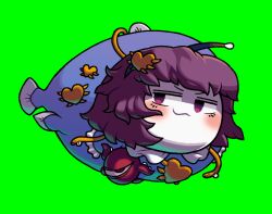 1girl :3 blush closed_mouth commentary_request fish full_body green_background hair_ornament heart heart_hair_ornament human_head komeiji_satori looking_at_viewer purple_eyes purple_hair short_hair simple_background smile smug solo third_eye tonchamon_san touhou v-shaped_eyebrows