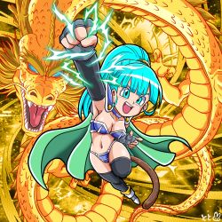 armor bikini_armor blue_eyes blue_hair breasts cape dragon dragon_ball dragon_fist_(dragon_ball) dragonball_z electricity golden_dragon green_cape highres large_breasts looking_at_viewer monkey_tail nazca_(rapid-rabbit&#039;s) ponytail shenron_(dragon_ball) shoulder_armor smile sparks tail thighhighs