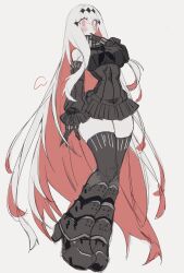 Rule 34 | 1girl, absurdly long hair, abyssal ship, aircraft carrier water oni, armored boots, bare shoulders, black boots, black dress, black neckerchief, black sleeves, black thighhighs, blush, boots, breasts, commentary request, detached sleeves, diamond hair ornament, dress, eyelashes, full body, hair between eyes, hairband, hand to own mouth, highres, kantai collection, knee boots, large breasts, limited palette, long hair, looking at viewer, multicolored hair, neckerchief, pale skin, parted lips, pink eyes, short dress, simple background, solo, thighhighs, usa37107692, very long hair