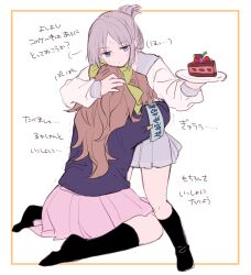 2girls amane_(7783) black_socks blue_eyes blue_jacket blue_neckerchief bow brown_hair cake closed_mouth commentary_request folded_ponytail food green_bow grey_hair grey_sailor_collar grey_skirt hair_bow half_updo highres holding holding_plate hug jacket kneehighs long_hair long_sleeves mole mole_under_eye multiple_girls neckerchief original pink_skirt plate pleated_skirt sailor_collar school_uniform serafuku shirt short_hair sitting skirt socks standing sweat translation_request white_shirt yuri