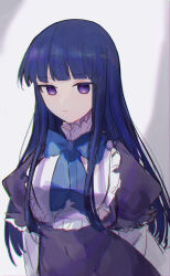 Rule 34 | 1girl, :/, bakara (19083210), bib collar, black dress, blue bow, blue bowtie, blue hair, bow, bowtie, chromatic aberration, closed mouth, commentary request, dress, film grain, frederica bernkastel, grey background, highres, hime cut, layered sleeves, long hair, long sleeves, puffy short sleeves, puffy sleeves, purple eyes, short over long sleeves, short sleeves, sidelocks, sketch, solo, umineko no naku koro ni, upper body