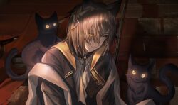 1girl absurdres animal_ears arknights black_cat brown_hair cat cat_ears character_request closed_mouth hair_ornament hair_over_one_eye highres medium_hair phantom_(arknights) shale smile solo tragodia_(arknights) upper_body yellow_eyes