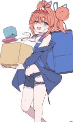 1006kbps 1girl :d absurdres aqua_eyes artist_name azur_lane blue_eyes blue_jacket blue_shorts box breasts criss-cross_halter denim denim_shorts double_bun gallant_(azur_lane) gallant_(express-ive_delivery)_(azur_lane) hair_between_eyes hair_bun halterneck highres holding holding_box id_card insulated_delivery_bag jacket large_breasts light_blush looking_at_viewer official_alternate_costume open_mouth pink_hair short_shorts shorts signature simple_background smile solo sweat torn_clothes torn_shorts visor_cap white_background