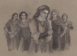 Rule 34 | 5boys, amras, angry, arguing, belt, bracer, brothers, cape, caranthir, celegorm, cowboy shot, curufin, elf, gouache (medium), jenny dolfen, long hair, maglor, male focus, medium hair, monochrome, multiple boys, ornate clothes, painting (medium), pastel (medium), pointy ears, sepia, siblings, signature, the silmarillion, tolkien&#039;s legendarium, tolkien's legendarium, traditional media, tunic, wavy hair