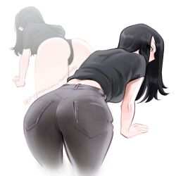 1girl absurdres artist_name ass black_hair black_panties black_shirt breasts commentary cropped_legs english_commentary from_behind grey_pants highres leaning_forward long_hair medium_breasts midriff multiple_views no_pants original panties pants patreon_logo patreon_username shirt simple_background telepurte underwear white_background