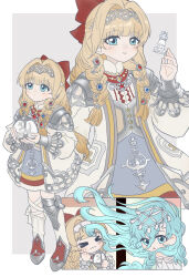 Rule 34 | &gt; &lt;, 2girls, 37 (down in the grotto) (reverse:1999), 37 (reverse:1999), :/, :o, absurdres, blonde hair, blue eyes, blue hair, boots, border, bow, braided sidelock, chess piece, chibi, closed mouth, coat, floating hair, full body, grey background, grey skirt, hair bow, hair ornament, hairband, highres, holding, kiperina, lace-trimmed hairband, lace trim, long hair, looking at object, looking at viewer, looking up, multiple girls, multiple views, official alternate costume, outside border, poleyn, red bow, reverse:1999, rook (chess), shirt, skirt, smile, upper body, very long hair, wavy mouth, white boots, white border, white coat, white shirt, wildfire (wildfire981)