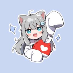 Rule 34 | 1girl, :3, :d, ahoge, amashiro natsuki, animal ears, black choker, blue background, blue eyes, blush stickers, cat ears, chibi, choker, commentary request, cropped torso, fang, grey hair, hair between eyes, hair ornament, indie virtual youtuber, long hair, long sleeves, looking at viewer, nachoneko, open mouth, outline, shirt, simple background, sleeves past fingers, sleeves past wrists, smile, solo, sparkle, upper body, very long hair, virtual youtuber, white outline, white shirt