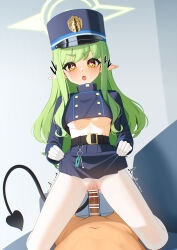 1boy 1girl alternate_breast_size banned_artist bar_censor belt black_belt blue_archive blue_hat blue_jacket blue_skirt breasts censored clothes_lift demon_girl demon_tail ett gloves gluteal_fold green_hair green_halo halo hat heart heart_in_eye hetero hikari_(blue_archive) jacket just_the_tip lifting_own_clothes long_hair long_sleeves medium_breasts miniskirt open_mouth pantyhose peaked_cap penis pointy_ears pov pov_crotch sex skirt skirt_lift symbol_in_eye tail underboob vaginal white_gloves white_pantyhose yellow_eyes