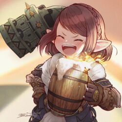 1girl :d ^_^ alcohol armor beer blurry blurry_background blush braid brown_gloves brown_hair closed_eyes commentary_request crown_braid cup depth_of_field dot_nose fake_beard fake_facial_hair film_grain final_fantasy final_fantasy_xiv foam froth giott gloves hammer hand_on_own_hip highres holding holding_cup lalafell laughing mugi_kosuta open_mouth pointy_ears short_hair sidelocks signature single_tear smile solo swept_bangs tankard teeth upper_body upper_teeth_only v-shaped_eyebrows weapon weapon_on_back
