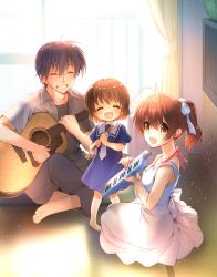Rule 34 | 1boy, 2girls, barefoot, blue dress, blue hair, bow, brown eyes, brown hair, clannad, closed eyes, commentary request, dress, family, father and daughter, flute, furukawa nagisa, guitar, hair bow, highres, holding flute, holding instrument, instrument, keyboard (instrument), melodica, mother and daughter, multiple girls, okazaki tomoya, okazaki ushio, ponytail, recorder, remotaro, sailor dress, short hair, short ponytail, spoilers, tatami, television, white bow, white dress, window