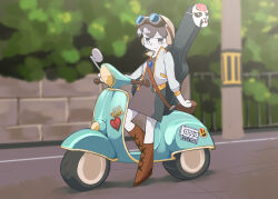 1girl best_buy black_hair boots broken_heart brown_boots closed_mouth colored_skin commentary commentary_request cookie_(touhou) day dress english_commentary full_body goggles goggles_on_head grey_dress grey_jacket grey_skin guitar_case heart highres instrument_case jacket kofji_(cookie) long_sleeves looking_at_viewer mask mixed-language_commentary motor_vehicle on_scooter outdoors scooter sitting smile smiley_face solo tree ukiwagirl utility_pole v-shaped_eyebrows