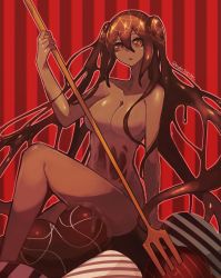 1girl breasts brown_eyes brown_hair brown_sclera colored_sclera completely_nude dark-skinned_female dark_skin food heart heart-shaped_pupils highres hole_in_chest hole_on_body ice_cream in_food large_breasts long_hair looking_at_viewer mini_person minigirl monster_girl nude original parted_lips ruteko_(ruko220) slime_girl solo symbol-shaped_pupils twintails twitter_username very_long_hair