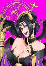 1girl black_wings blue_eyes breasts cleavage demon_girl demon_horns demon_wings digimon digimon_(creature) eikenkobayashi eyeshadow hair_bun highres horns large_breasts lilithmon makeup open_mouth pointy_ears purple_background purple_eyeshadow purple_lips simple_background solo upper_body wings