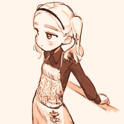 Rule 34 | 1girl, blush, breasts, collared shirt, eisu (eith), forehead, hairband, harsha (eisu), highres, knit sweater, long hair, monochrome, original, sepia, shirt, simple background, sketch, skirt, small breasts, sweater vest, thick eyebrows, twintails, white background