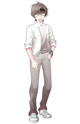1boy arm_at_side blazer brown_eyes brown_hair cevio checkered_bracelet collared_shirt commentary_request converse dairi full_body grey_pants grey_shoes hand_on_own_hip highres jacket large_variant_set looking_at_viewer male_focus open_mouth pants shaded_face shirt shoes short_hair sleeves_rolled_up sneakers solo standing tachi-e takahashi_amato transparent_background variant_set white_jacket white_shirt wide-eyed wing_collar
