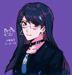 2025 black_jacket blush cat closed_mouth collar collarbone dated earrings eyelashes glasses hair_between_eyes happy_birthday jacket jewelry long_hair looking_at_viewer purple_background purple_hair red_eyes shizuhara_hiruko the_hundred_line_-last_defense_academy- upper_body