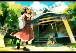 2girls ascot bare_shoulders black_eyes black_hair black_shoes blue_sky bow box cloud detached_sleeves donation_box green_hair hair_tubes hakurei_reimu hand_on_own_head hand_on_own_hip highres horns hugging_own_legs komainu_ears komainu_girl komano_aunn long_hair looking_to_the_side multiple_girls outdoors red_bow red_shirt red_shorts red_skirt sandals shirt shoes shorts shrine single_horn sitting skirt sky sleeveless sleeveless_shirt socks stone_lantern tongue tongue_out touhou tree twitter_username two-tone_shirt two-tone_shorts uninosono watermark white_shirt white_shorts white_socks yellow_ascot