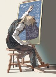 1boy arm_belt barefoot bicep_strap black_pants black_vest blonde_hair blueprint_(object) chair conqueror_of_shambala covered_face easel edward_elric full_body fullmetal_alchemist highres holding holding_pencil long_hair long_sleeves pants pencil ponytail shirt sitting solo vest white_shirt wooden_stool xue_ezi