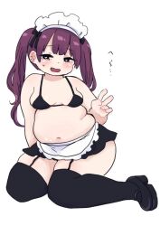 1girl apron black_bow black_bra black_eyes black_skirt black_thighhighs blush bow bra breasts earrings fat fat_rolls garter_straps hair_bow heart heart-shaped_pupils jewelry long_hair maid maid_headdress midriff muffin_top multiple_earrings navel nicopan obese open_mouth original plump red_hair shoes sitting skirt small_breasts smile solo sweat symbol-shaped_pupils thick_thighs thighhighs thighs twintails underwear v white_background