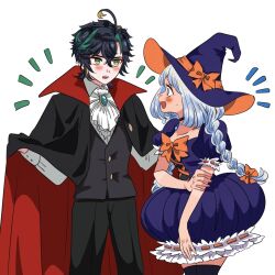 1boy 1girl ^^^ alternate_costume arm_at_side ascot black_choker black_cloak black_corset black_hair black_pants black_thighhighs black_vest blue_hair blunt_bangs blush bow braid choker cloak cloak_lift cocotsuko1204 collarbone collared_shirt corset cowlick crossed_bangs dark-skinned_female dark_skin dress eyeliner eyeshadow frilled_skirt frilled_sleeves frills gem genshin_impact green_brooch green_eyes green_gemstone green_hair hair_between_eyes hair_bow halloween_costume hand_on_own_arm hat hat_bow highres holding_cloak juliet_sleeves kinich_(genshin_impact) light_blue_hair long_hair long_sleeves looking_at_another makeup mualani_(genshin_impact) multicolored_hair open_cloak open_clothes open_mouth orange_bow orange_hat pants parted_bangs pendant_choker puffy_sleeves purple_dress purple_hat purple_sleeves red_cloak red_eyeliner red_eyeshadow shirt short_eyebrows sidelocks skirt slit_pupils streaked_hair sweatdrop teeth thighhighs twin_braids two-sided_cloak two-sided_fabric two-sided_headwear upper_teeth_only vest waistcoat white_ascot white_background white_shirt white_undershirt witch_hat